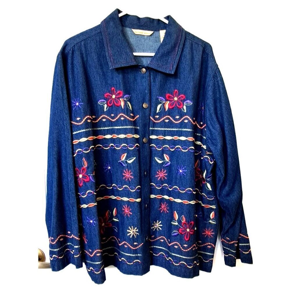 Vintage Bechamel Woman 1X Medium Wash Denim Embroidered Shacket Coastal Grandma